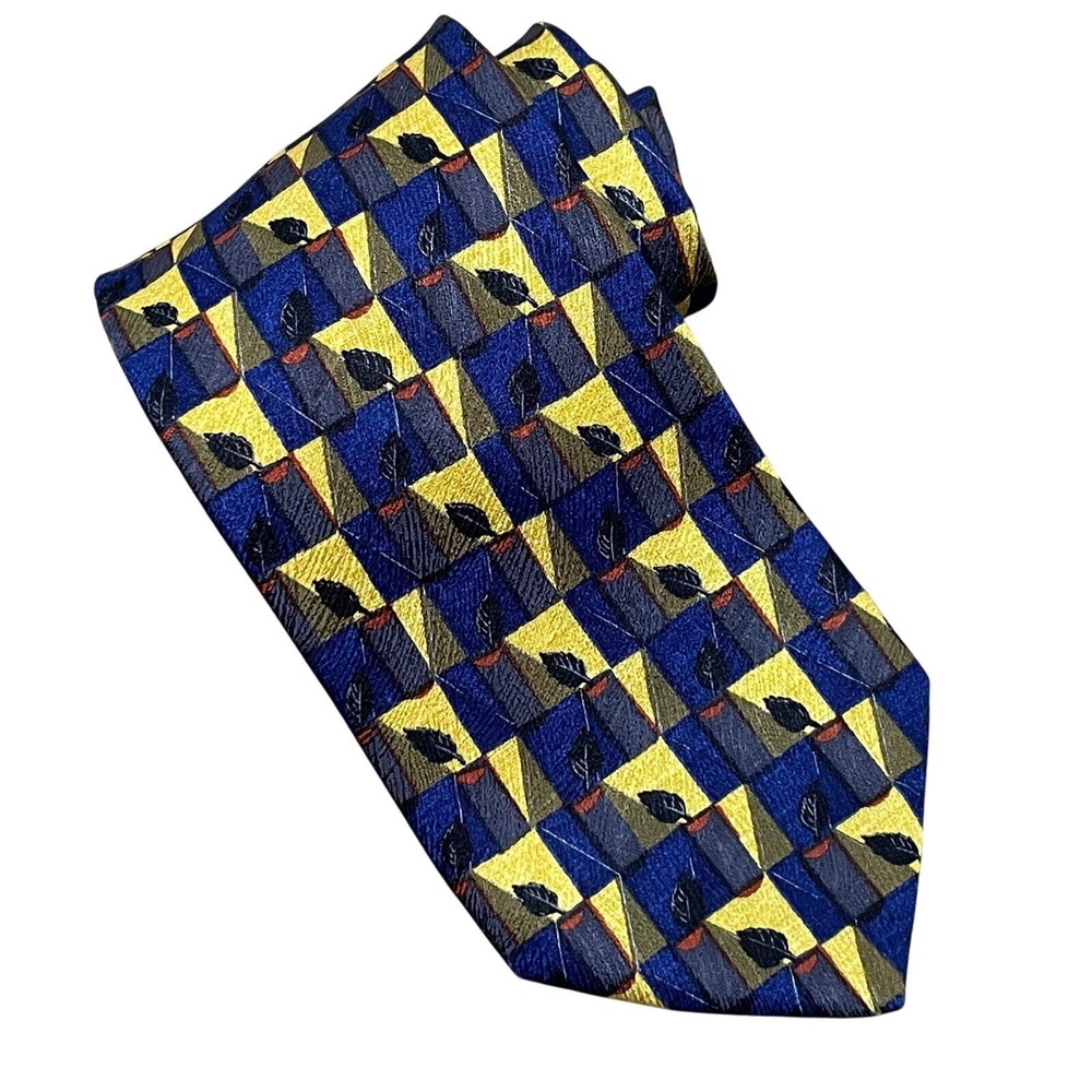 Hugo Boss Silk‎ Tie 3.5" Blue Yellow Geometric Squares Black Leaf Motif